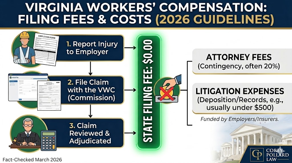 Infographic showing Virginia workers' compensation filing cost is zero dollars.